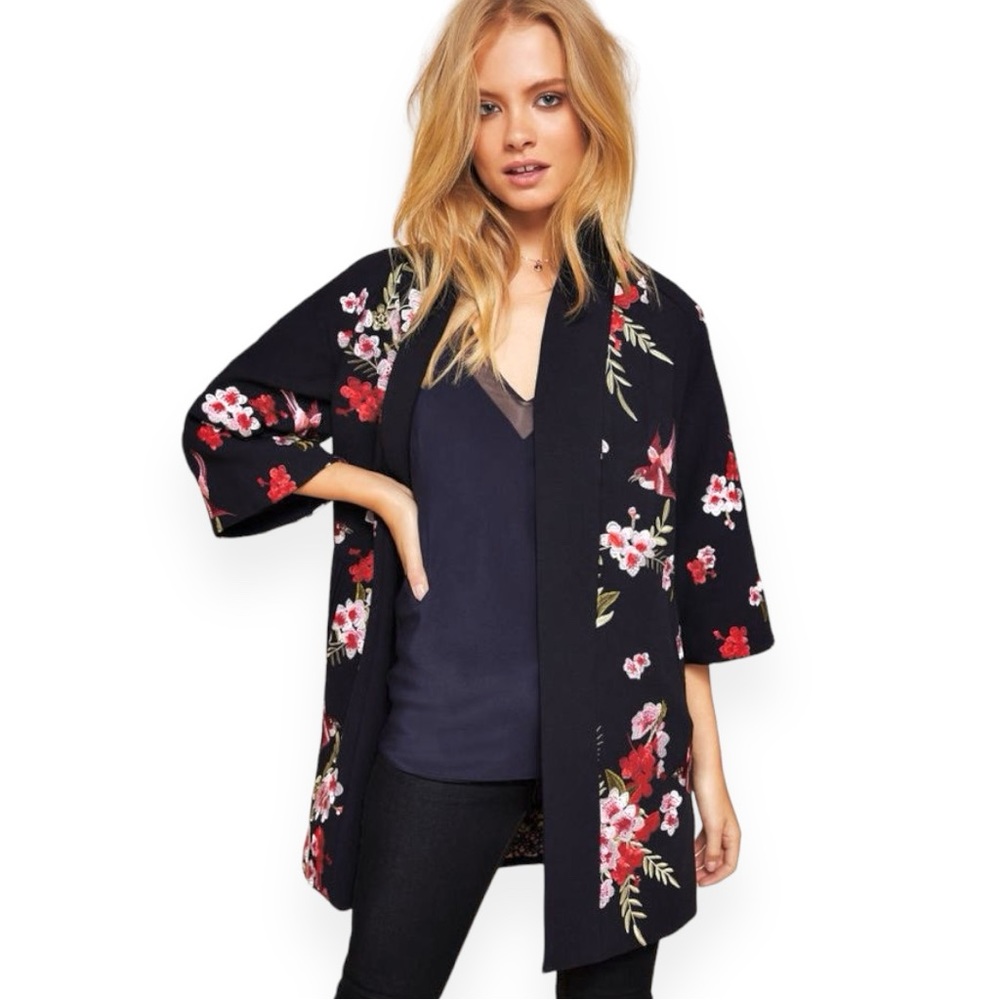 Black Floral Pea Coat - Women's Lightweight Open Front